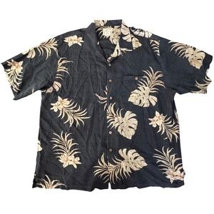 Luau Men 2X Black Floral Palm Leaf Hawaiian Silk Shirt Button Up Tropical Resort